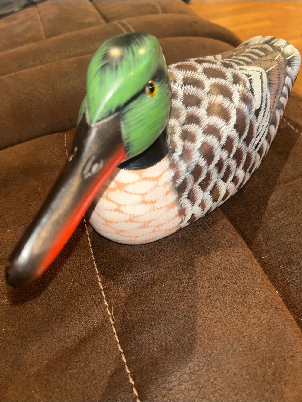 Hand-Painted Wooden Duck in Green and Brown